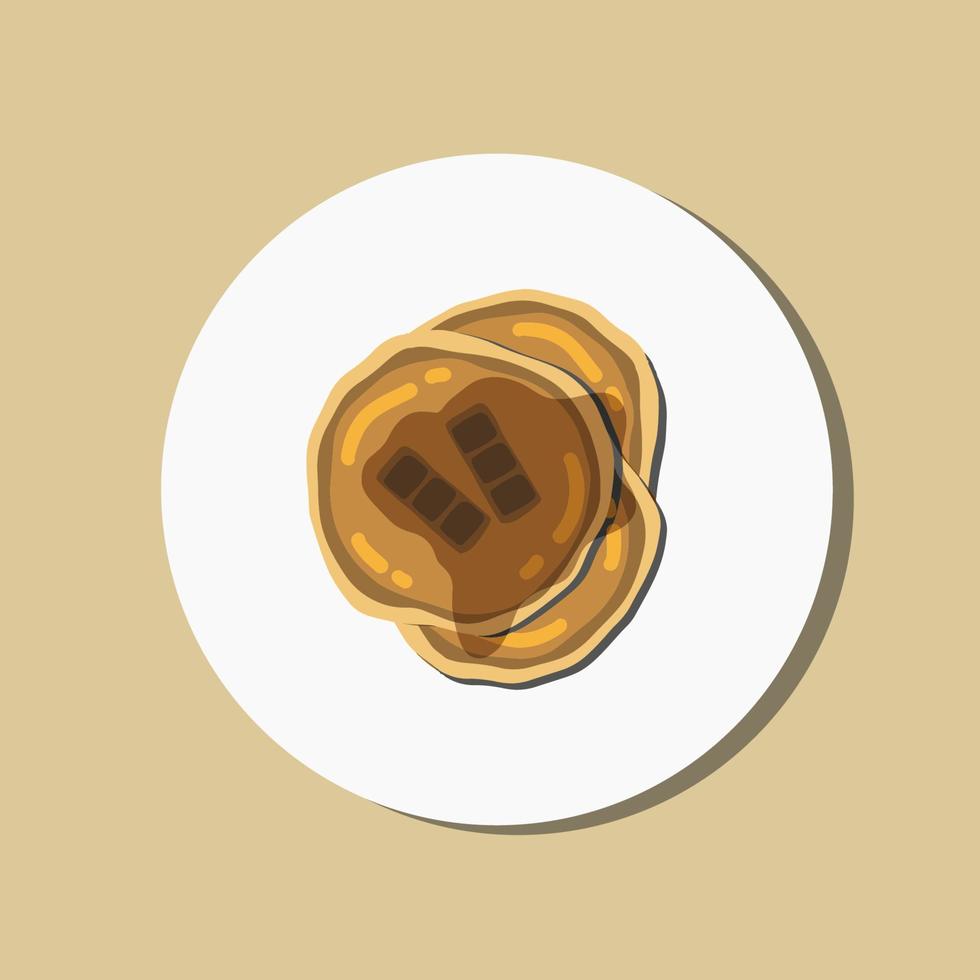 dessin animé d'illustration de nourriture, délicieuses crêpes au chocolat décorées de noix et de sirop sucré sur une assiette blanche. illustration de nourriture pour la conception d'affiches vecteur