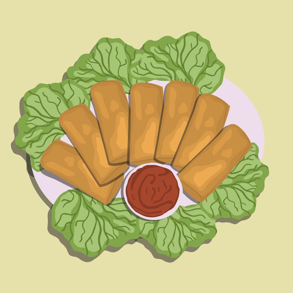 lumpia ou lunpia, collations traditionnelles de semarang, java central, indonésie. les rouleaux de printemps traditionnels contiennent des pousses de bambou sautées, des œufs et du poulet ou des crevettes. vecteur d'illustration de nourriture.