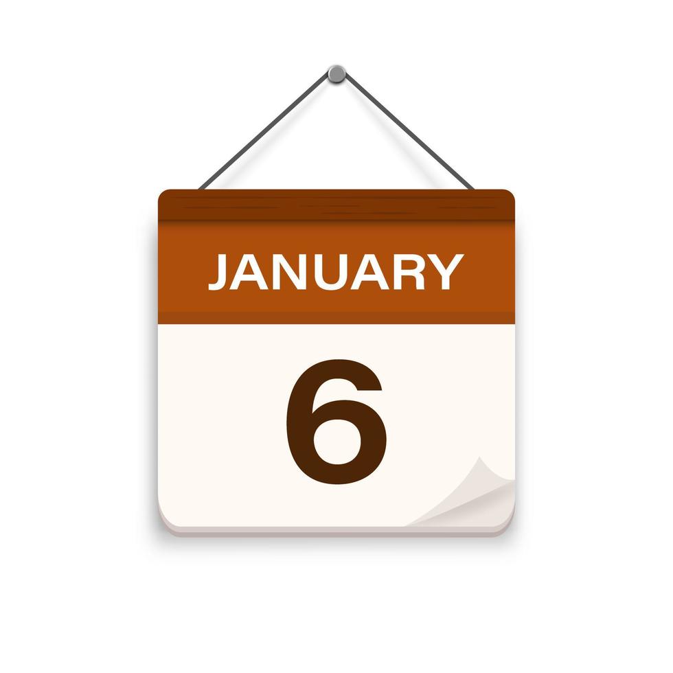 6 janvier, icône de calendrier avec ombre. jour mois. l'heure du rendez-vous. date du programme de l'événement. illustration vectorielle plane. vecteur