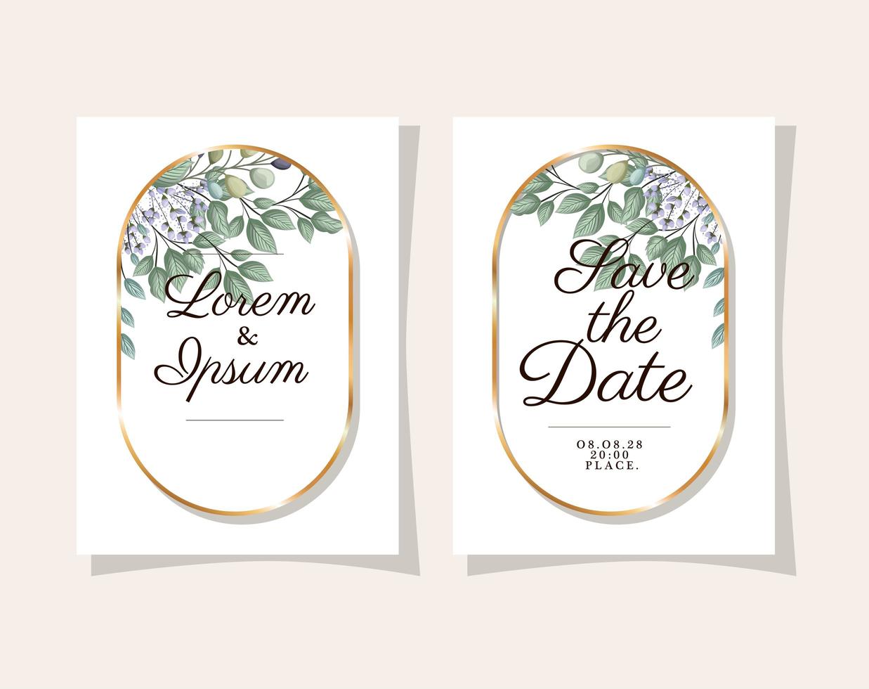 deux invitations de mariage avec des fleurs de cadres dorés vecteur