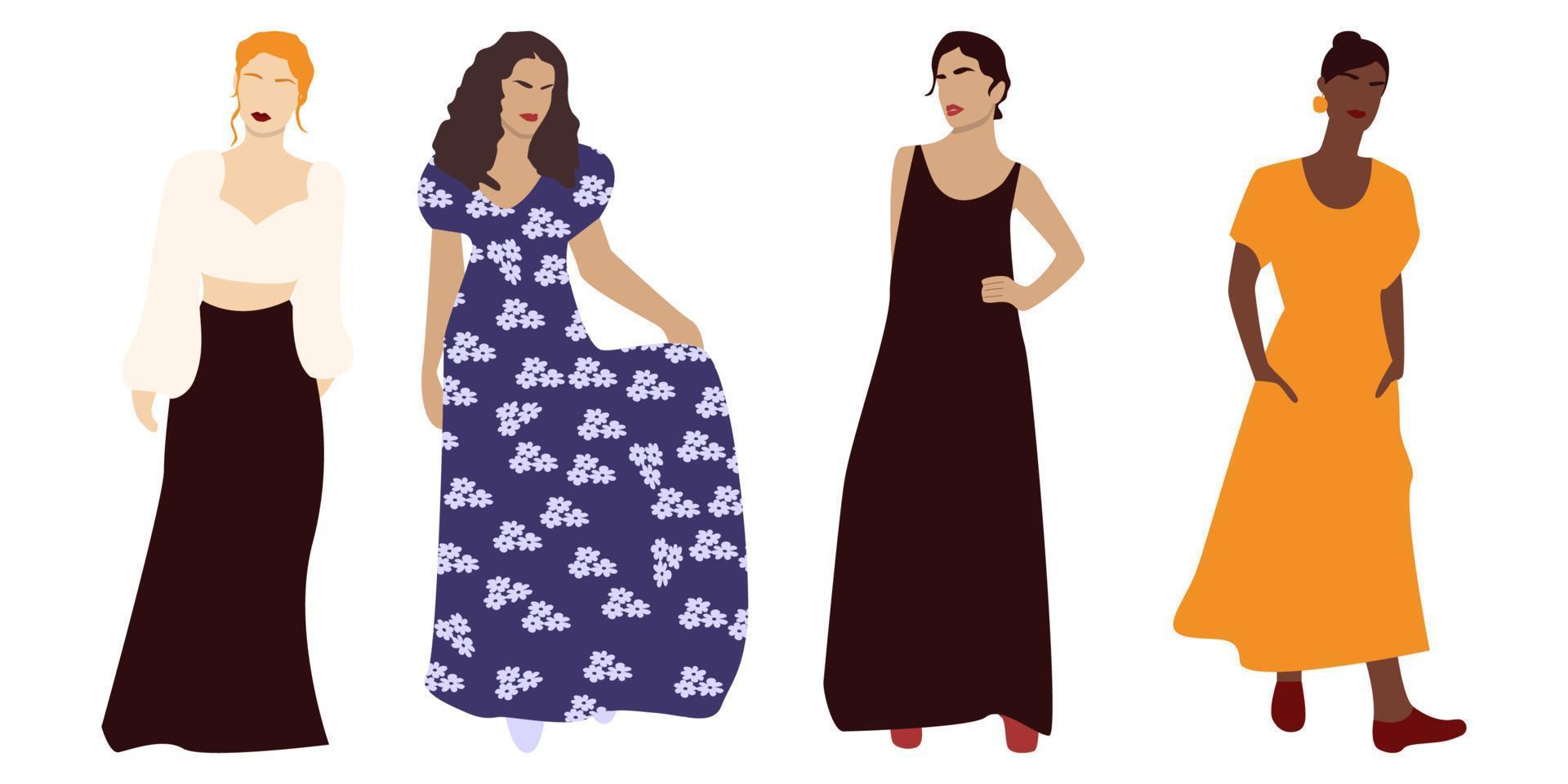 filles d'été en robe. clipart femmes abstraites. femme bohème. art féminin. illustration vectorielle stock, eps 10 vecteur