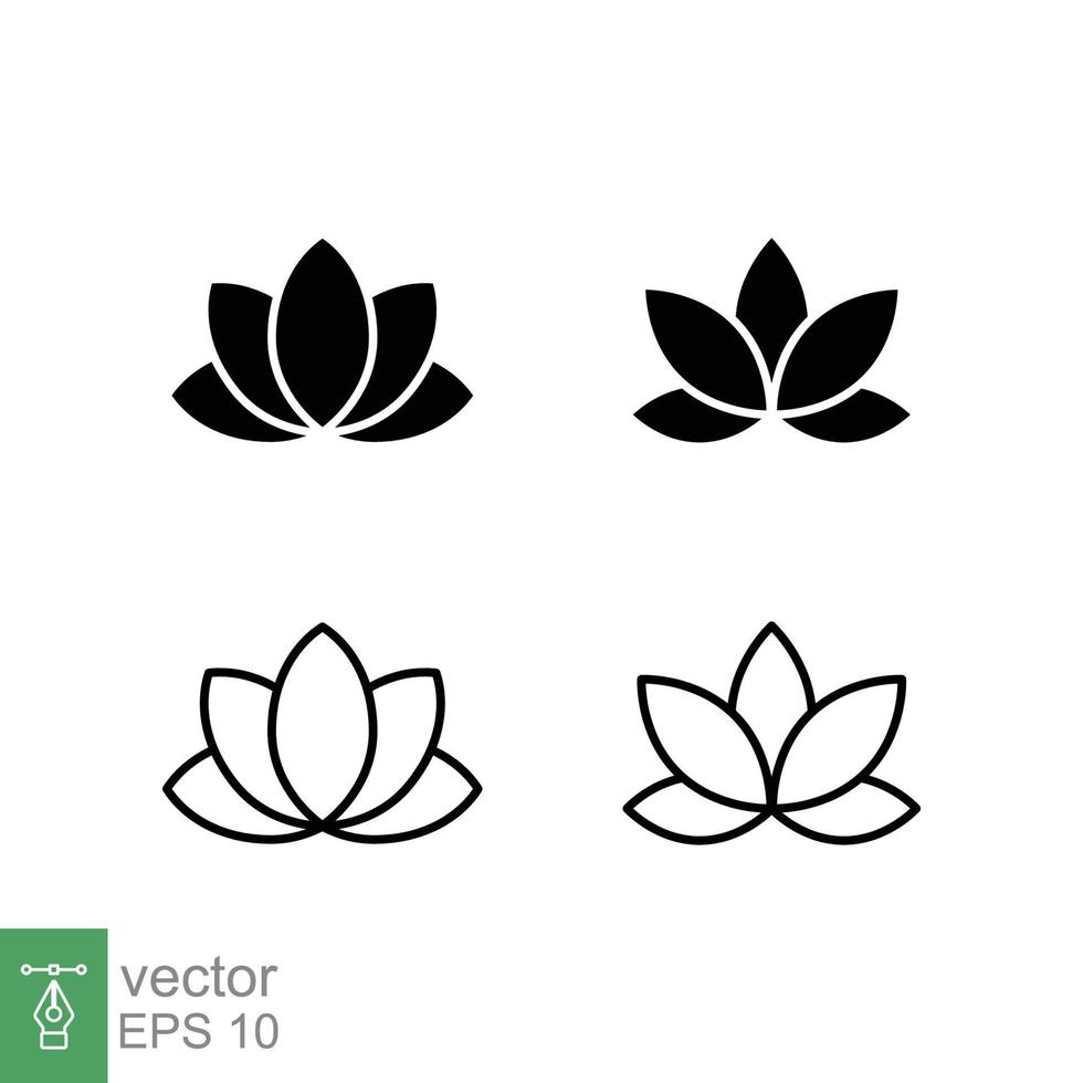 jeu d'icônes de plante de lotus. style solide et contour simple. symbole d'harmonie, fleur de spa relaxante, pétale, feuille, fleur, concept de nature. illustration vectorielle de glyphe et de ligne isolée sur fond blanc. ep 10. vecteur