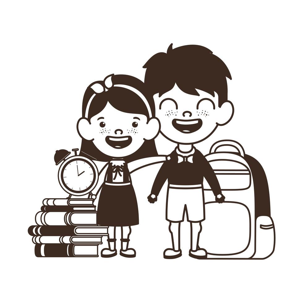 silhouette de couple d & # 39; étudiants avec des fournitures scolaires vecteur