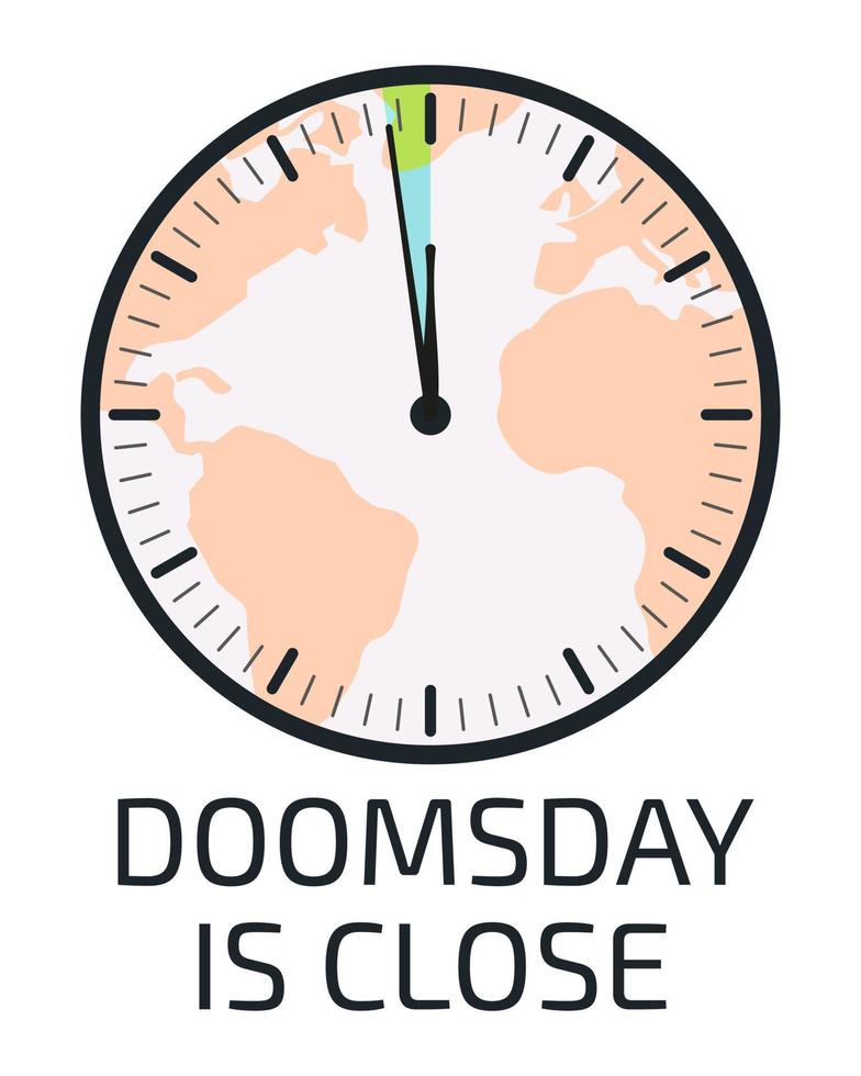 Doomsday est une affiche proche. horloge apocalyptique. 100 secondes à minuit. symbole de catastrophe mondiale, signe d'apocalypse. illustration vectorielle plane. vecteur