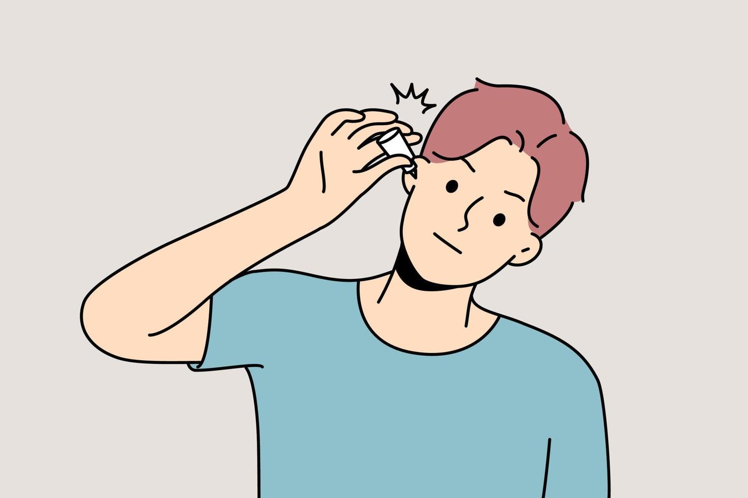 un jeune homme malsain utilise des gouttes d'oreille souffrant d'infection. un malade malade reçoit des médicaments pour l'oreille enflammée. la santé et la médecine. illustration vectorielle. vecteur