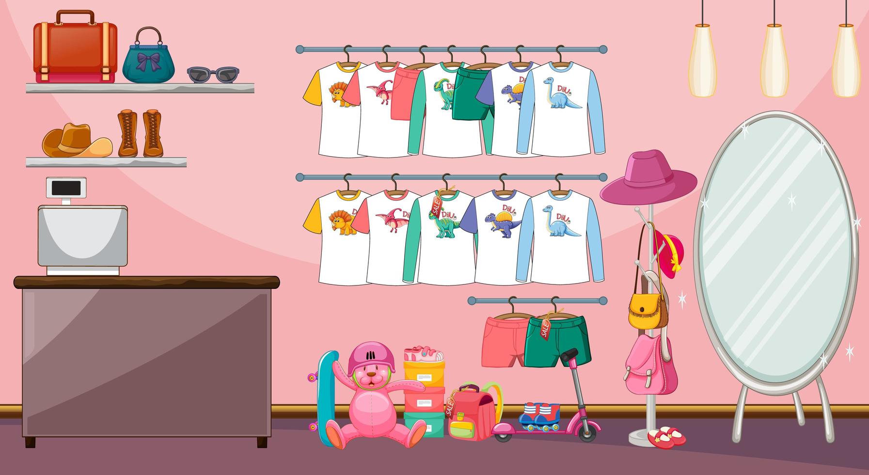 Vêtements pour enfants sur une corde à linge avec de nombreux jouets dans la scène de la pièce vecteur
