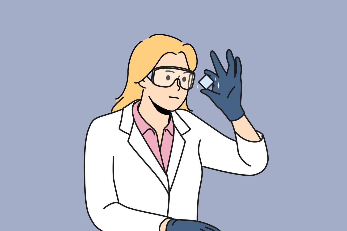 jeune femme en uniforme blanc regarde l'élément chimique faire l'expérience. une chercheuse ou une scientifique souriante dans des lunettes analyse l'objet. illustration vectorielle. vecteur