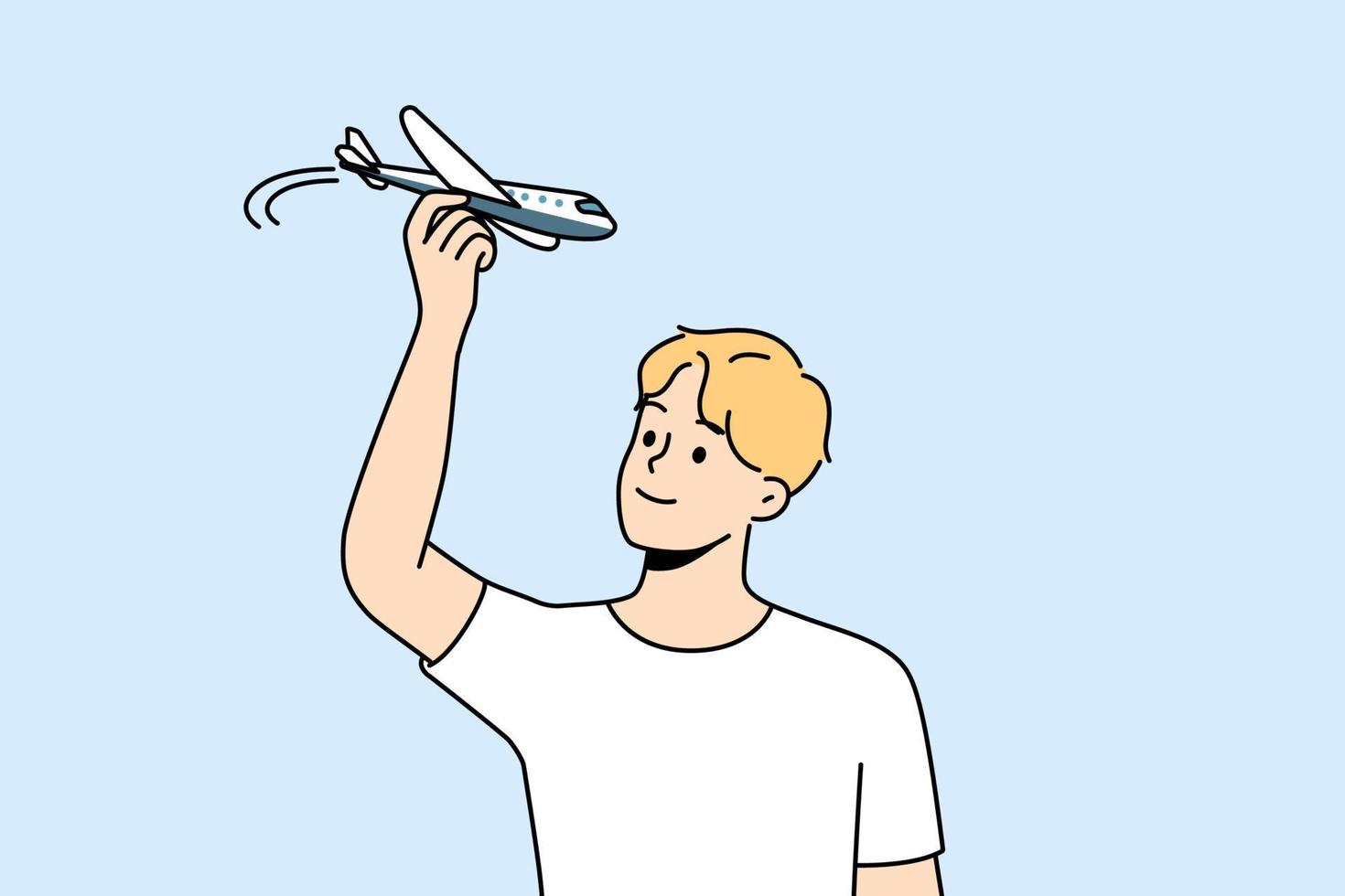 jeune homme s'amuse à jouer avec le modèle d'avion. mec souriant volant avec avion miniature. aviation et passe-temps. illustration vectorielle. vecteur