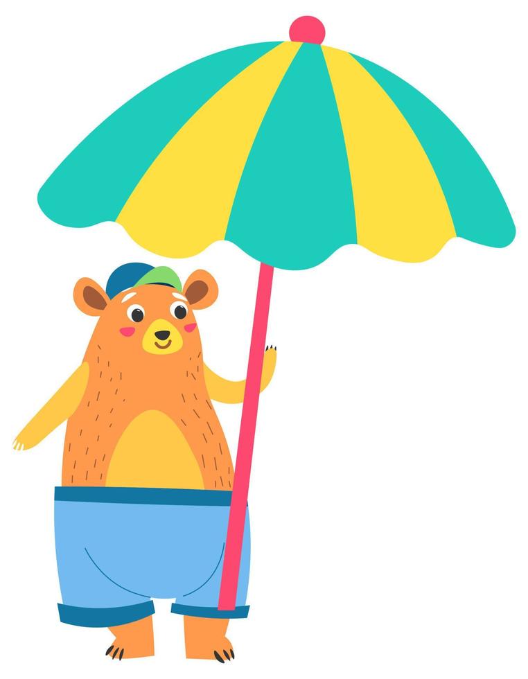 drôle de personnage d'ours en short tenant un parapluie vecteur