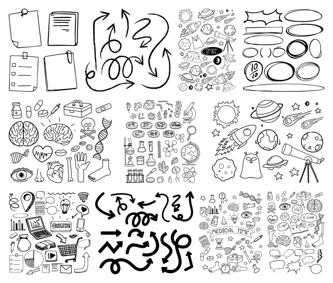 ensemble d'objets et de symboles dessinés à la main doodle sur fond blanc vecteur