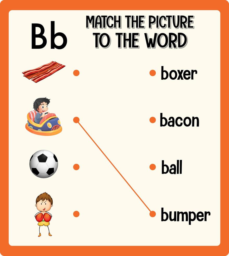 faire correspondre l'image à la feuille de calcul de mots pour les enfants vecteur