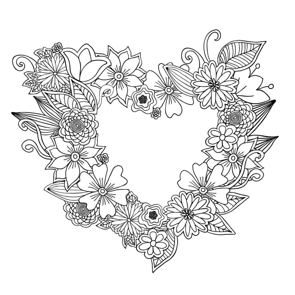 livre de coloriage anti-stress avec des fleurs en forme de coeur. illustration vectorielle noir et blanc. conception pour la saint valentin et le mariage. eps10 vecteur