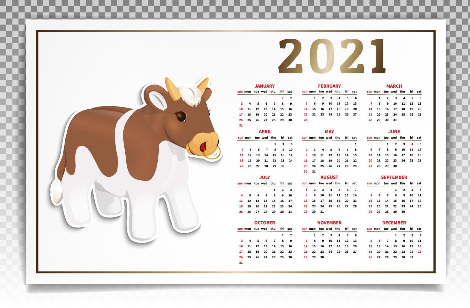 calendrier 2021 taureau blanc et rouge vecteur