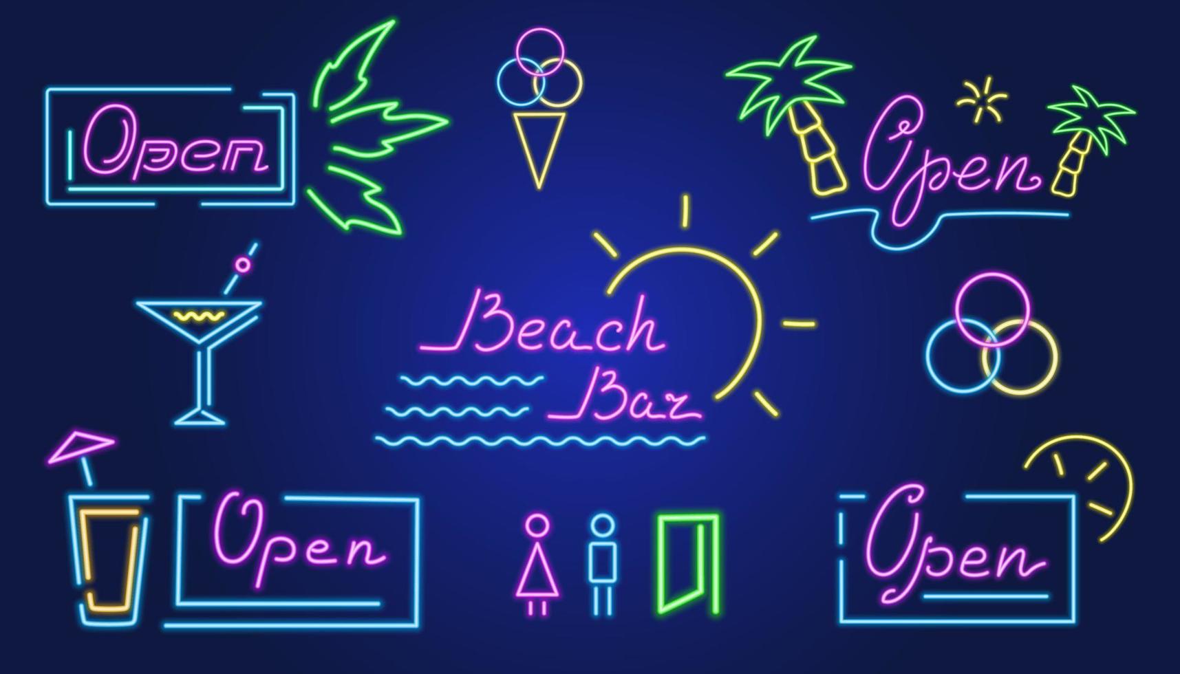 ensemble d'enseignes vectorielles au néon, enseignes ouvertes, enseigne de bar de plage, enseigne de sortie, enseigne de bar à cocktails. vecteur