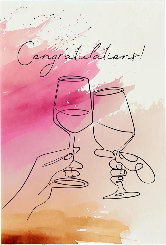 verre de vin dans les mains dessin au trait continu aquarelle peinture violet bleu 14 février saint valentin célébrer carte design logo pub fête restaurant vecteur