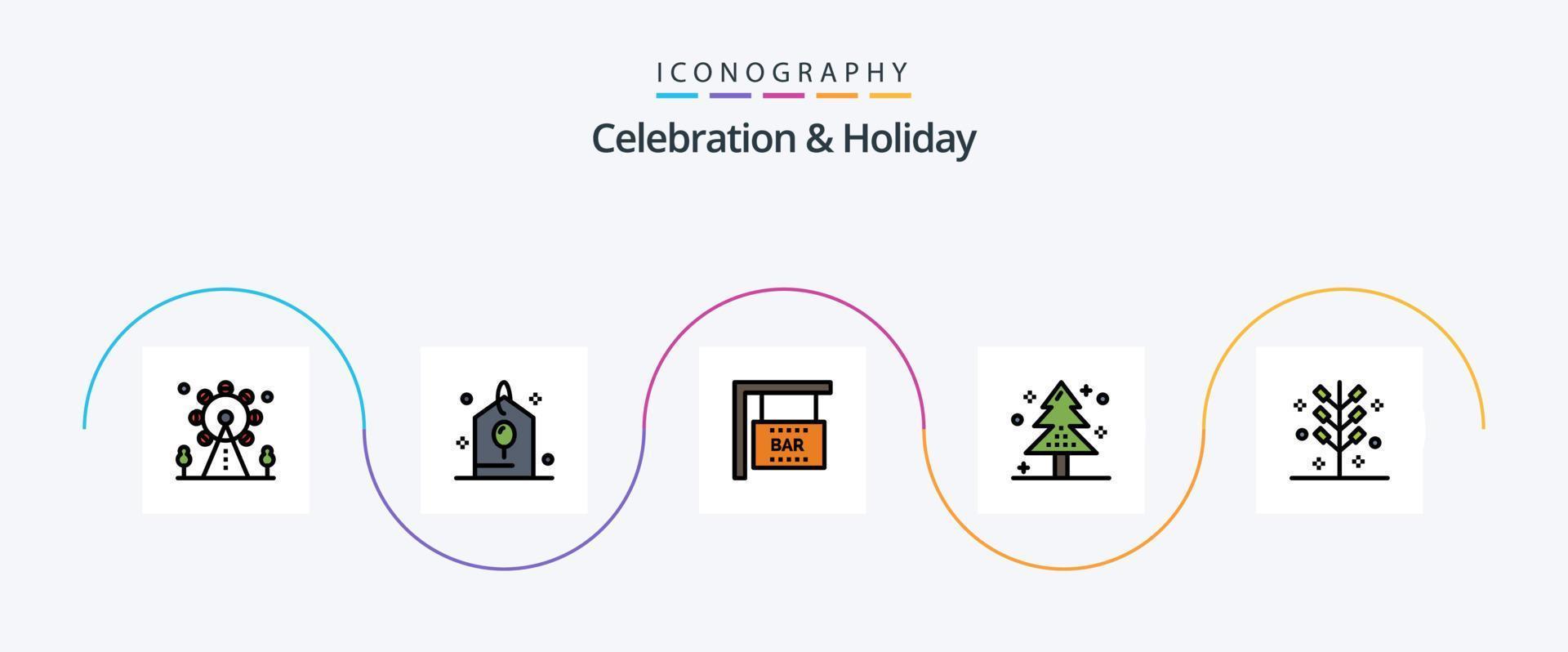 pack d'icônes plat 5 rempli de ligne de célébration et de vacances, y compris un craquelin. arbre. signe de barre. vacances. Noël vecteur