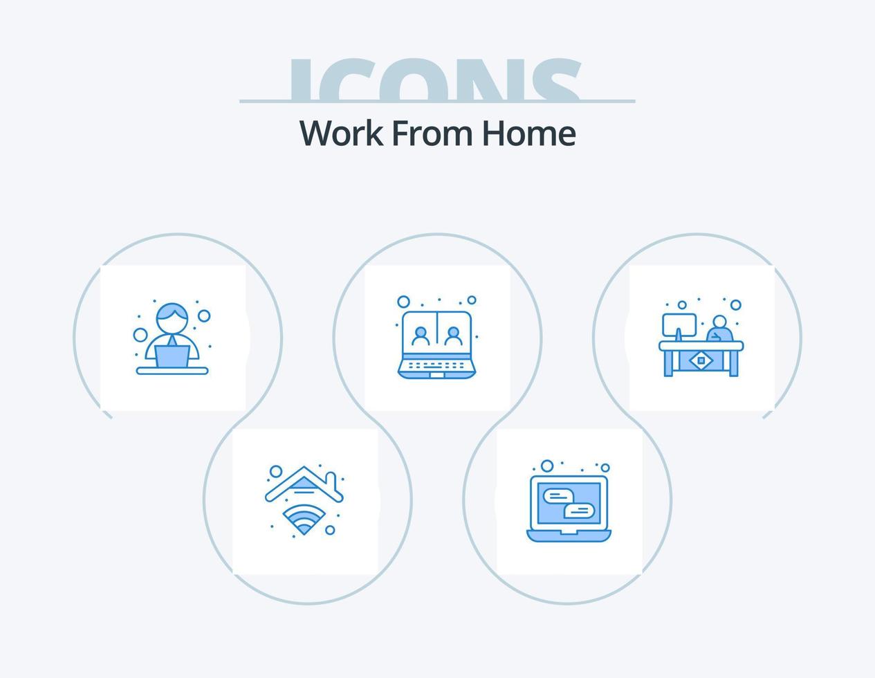 travail à domicile pack d'icônes bleues 5 conception d'icônes. travail. conférence vidéo. employé. en ligne. la communication vecteur