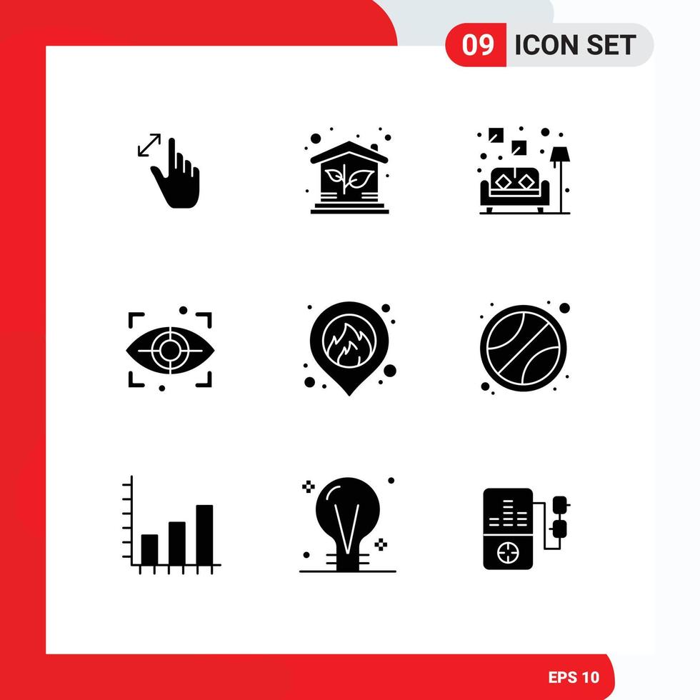 interface mobile glyphe solide ensemble de 9 pictogrammes d'éléments de conception vectoriels modifiables de l'oeil de sécurité de la propriété feu de la carte vecteur