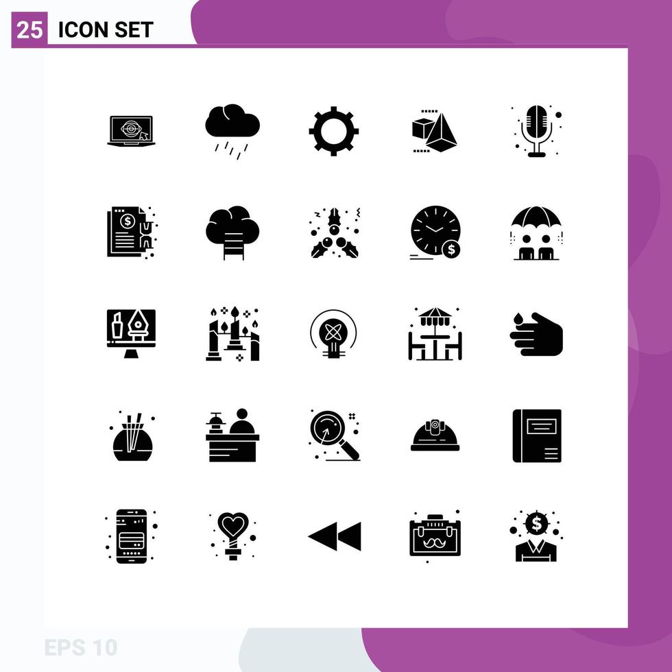 25 concept de glyphe solide pour les sites Web mobile et applications contrat microphone boîte électronique cog éléments de conception vectoriels modifiables vecteur