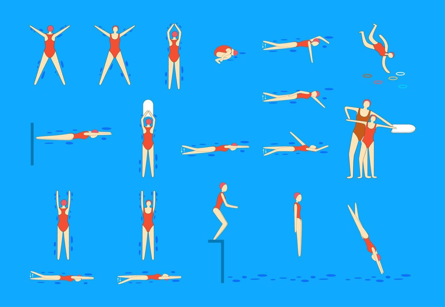 personnages vectoriels nageurs dans des poses d'action. jeune fille montre diverses postures de natation. ensemble ou collection. piscine. apprendre à nager. sport. vecteur