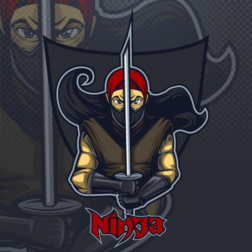 ninja avec katana sur fond sombre, équipe logo esport. vecteur