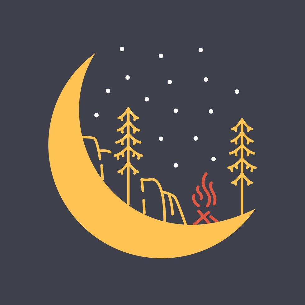 camping par un feu de camp sur le croissant de lune illustration monoline pour vêtements vecteur