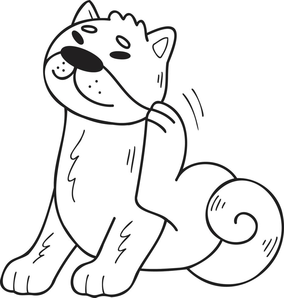chien shiba inu dessiné à la main se grattant les cheveux illustration dans un style doodle vecteur