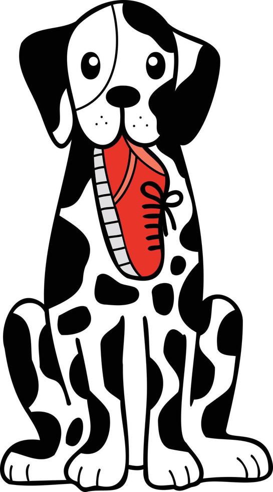 chien dalmatien dessiné à la main tenant une illustration de chaussures dans un style doodle vecteur