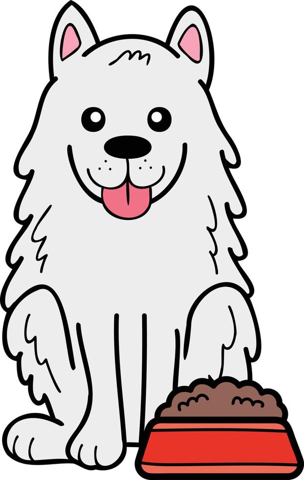 chien samoyède dessiné à la main avec illustration de nourriture dans un style doodle vecteur