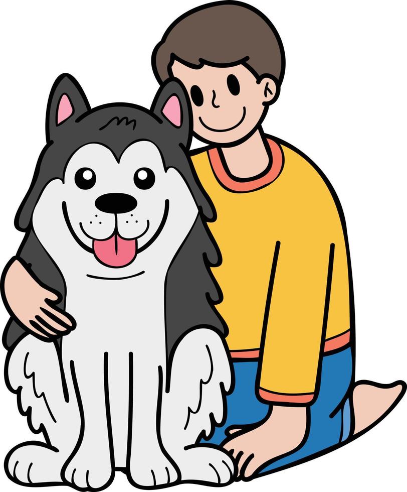 le propriétaire dessiné à la main embrasse une illustration de chien husky dans un style doodle vecteur
