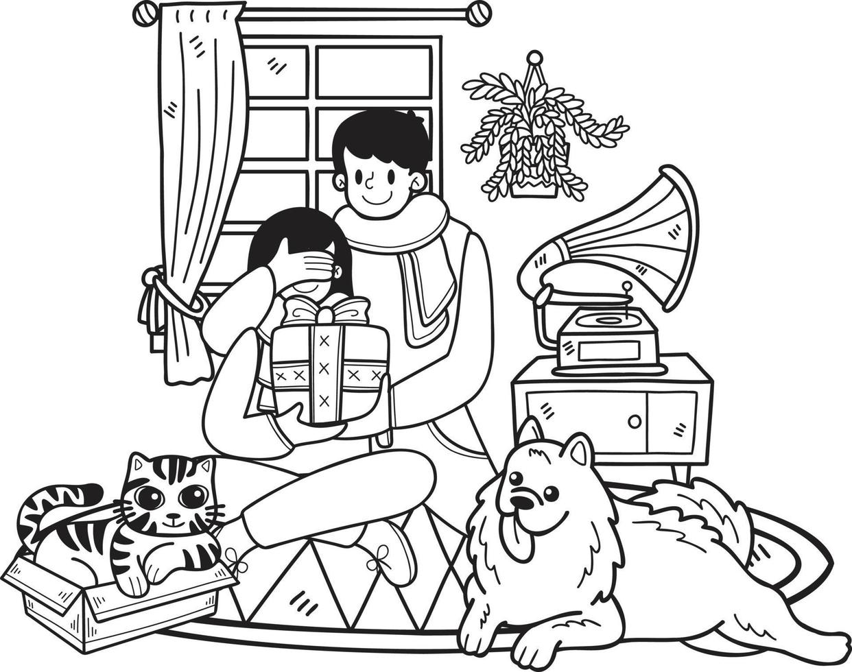 des hommes dessinés à la main donnent des cadeaux aux femmes avec des chiens et des chats illustration dans un style doodle vecteur