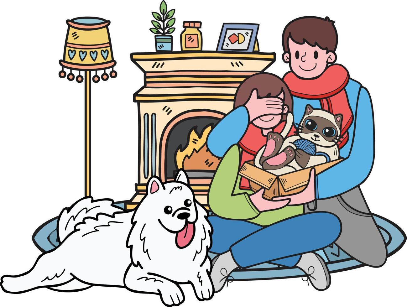 dessiné à la main un homme donne un chat à une femme comme illustration de cadeau dans un style doodle vecteur