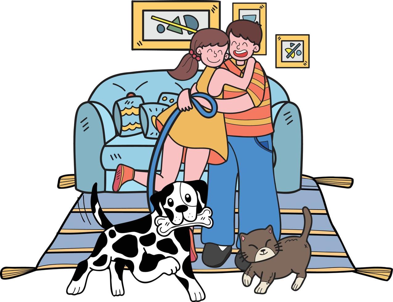 le propriétaire dessiné à la main joue avec les chiens et les chats dans l'illustration de la chambre dans un style doodle vecteur