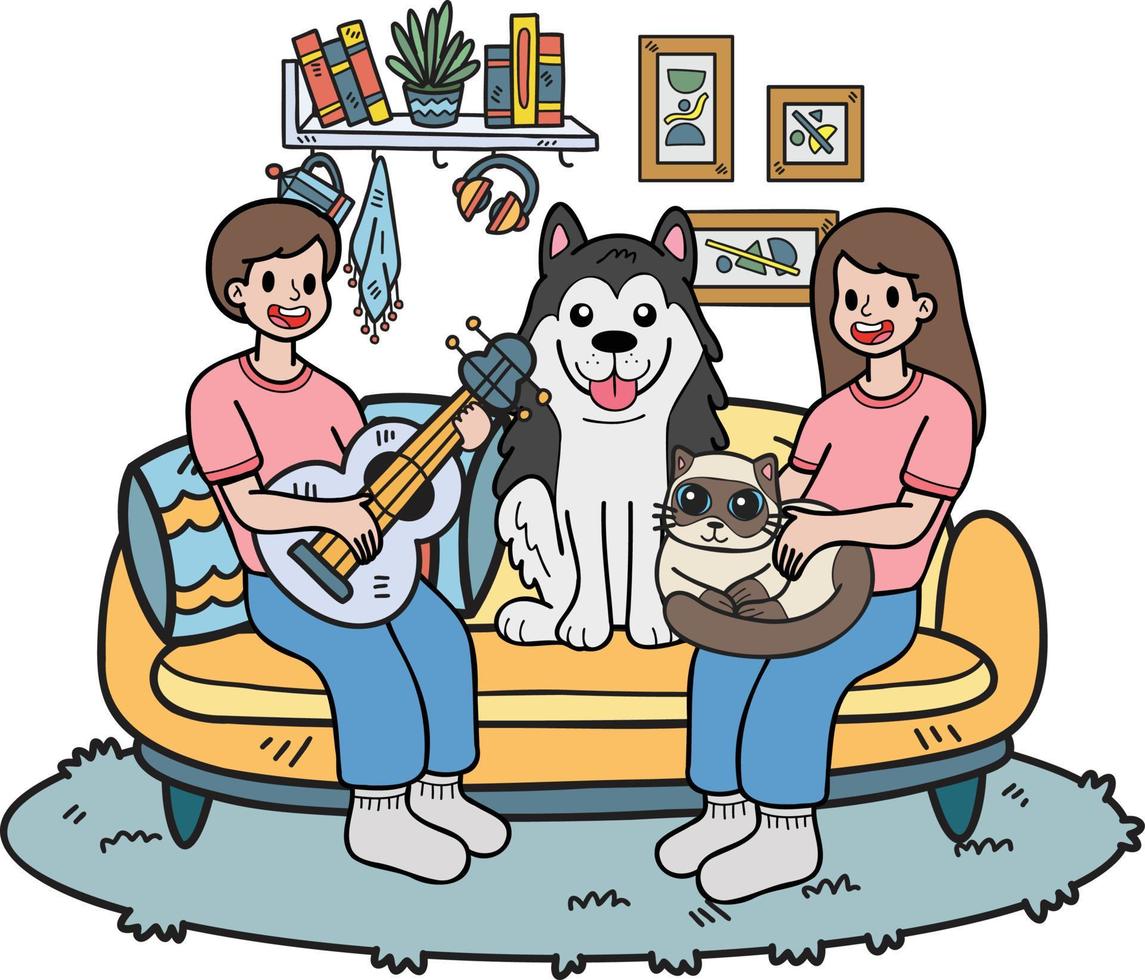 dessiné à la main le propriétaire joue de la guitare avec le chien et le chat dans l'illustration du salon dans un style doodle vecteur