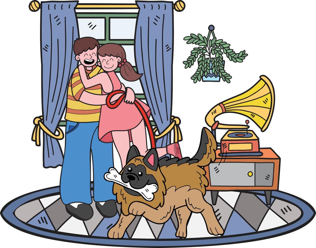 dessiné à la main le propriétaire joue avec le chien dans l'illustration de la chambre dans un style doodle vecteur