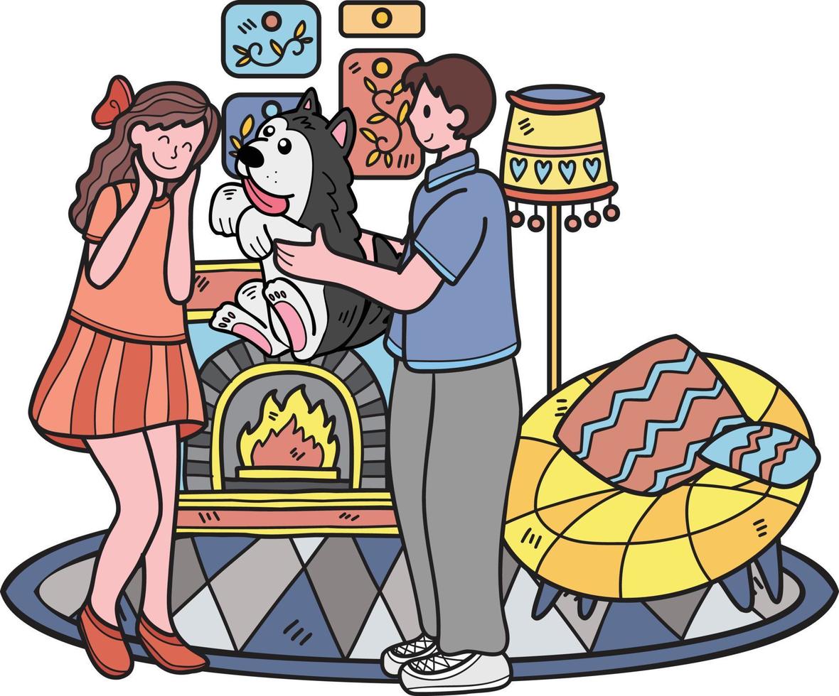 homme dessiné à la main donnant un chien à une femme comme illustration de cadeau dans un style doodle vecteur