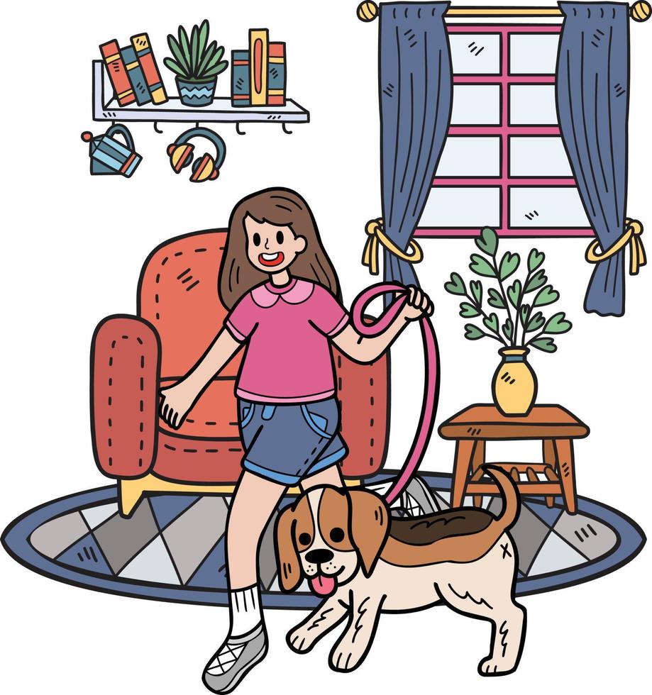 dessiné à la main le propriétaire joue avec le chien dans l'illustration de la chambre dans un style doodle vecteur