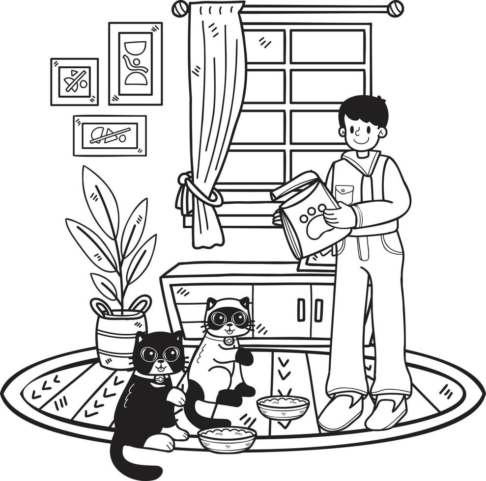 dessiné à la main le propriétaire nourrit les chats dans l'illustration de la chambre dans un style doodle vecteur