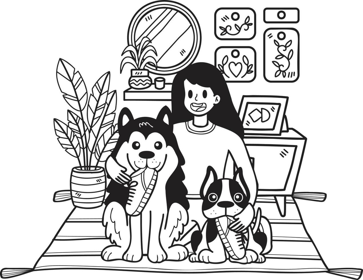 dessiné à la main le propriétaire a étreint le chien dans l'illustration de la chambre dans un style doodle vecteur