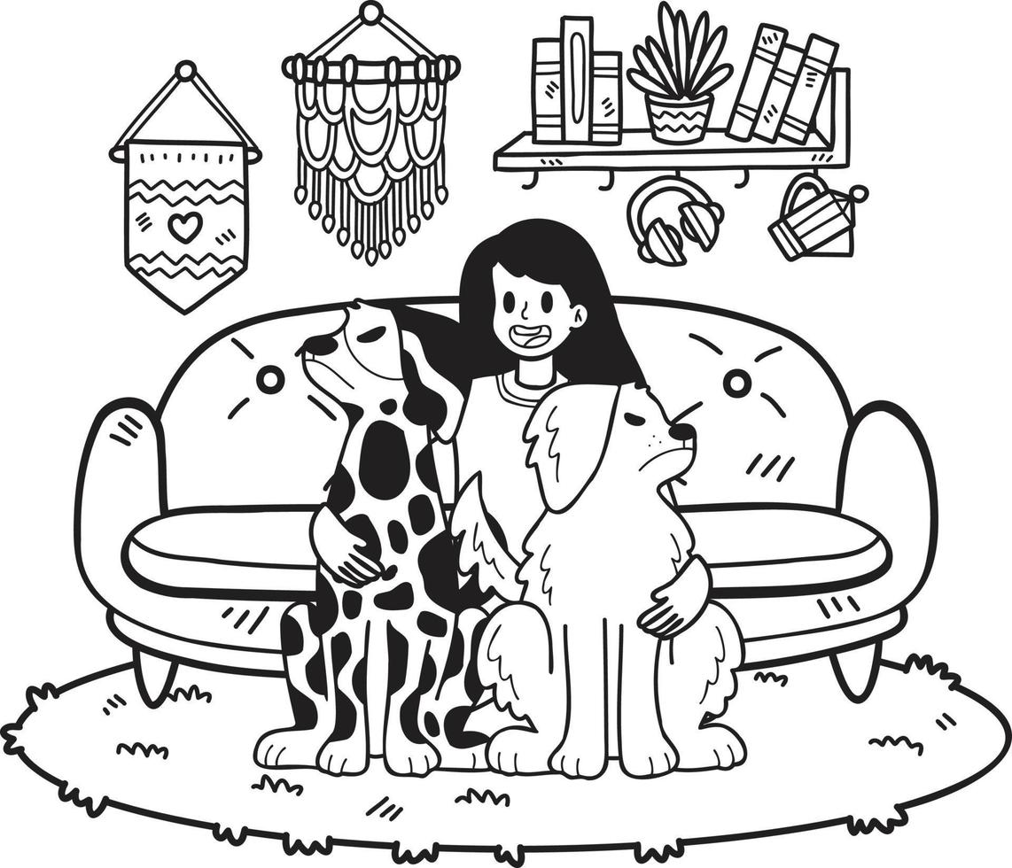 dessiné à la main le chien est en colère contre l'illustration du propriétaire dans un style doodle vecteur