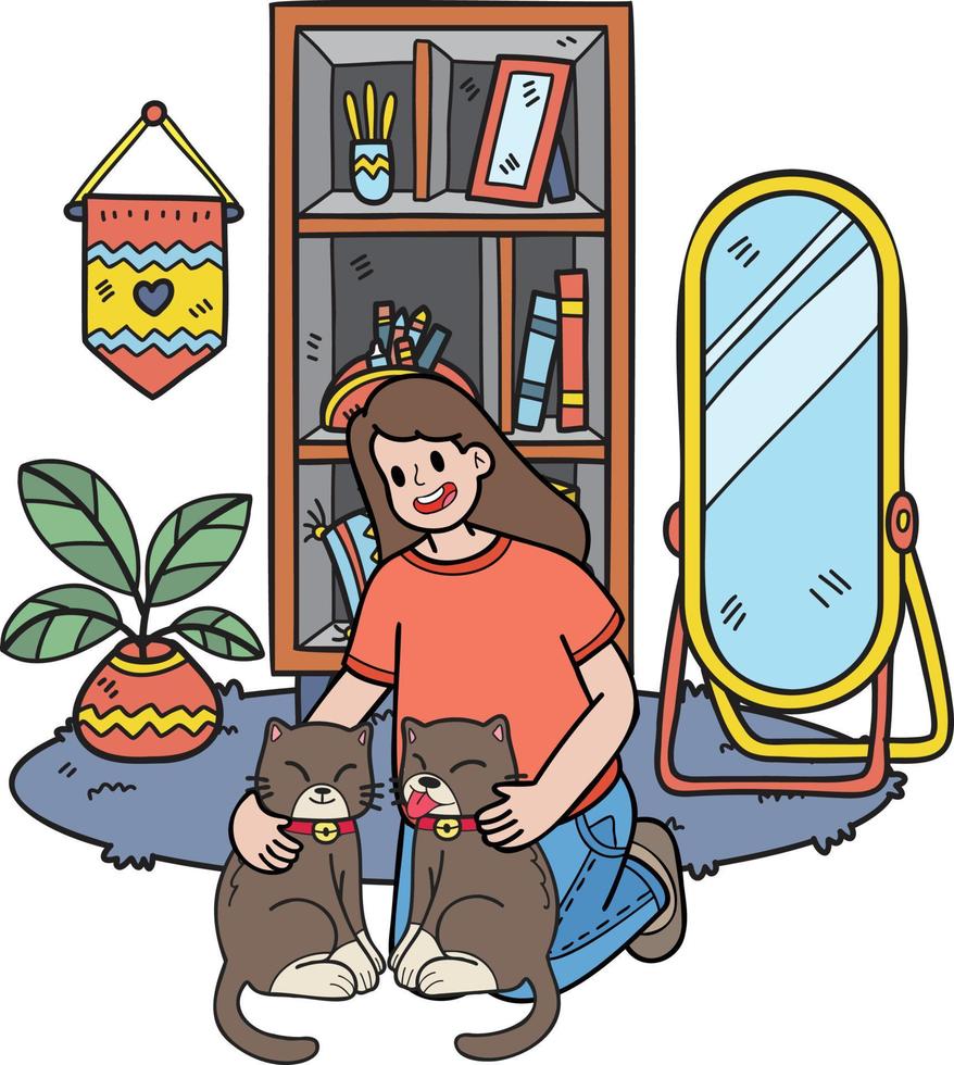 femme dessinée à la main étreignant le chat dans l'illustration de la chambre dans un style doodle vecteur