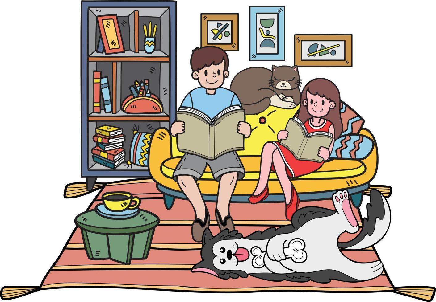 le propriétaire dessiné à la main lit un livre avec le chien et le chat dans l'illustration de la chambre dans un style doodle vecteur