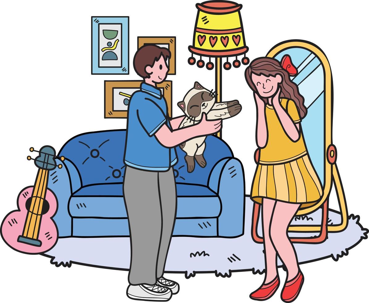 homme dessiné à la main donne un chat en cadeau à une illustration de femme dans un style doodle vecteur