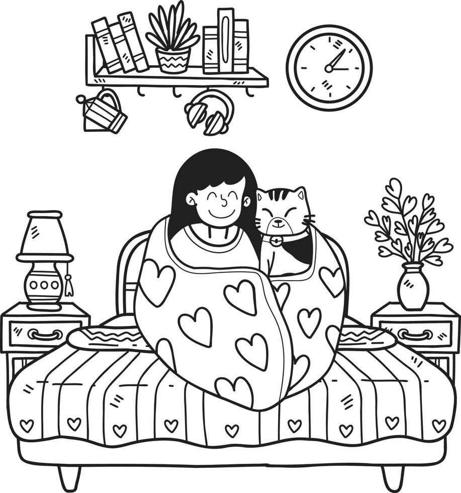 dessiné à la main le propriétaire est assis étreignant le chat dans la couverture dans l'illustration de la chambre dans un style doodle vecteur