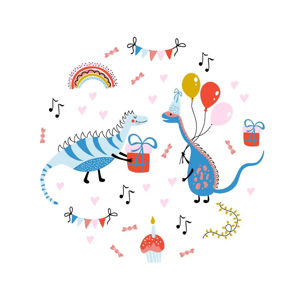 impression vectorielle mignonne avec dinosaures, cadeaux, ballons, cupcake, arc-en-ciel sur fond blanc. illustration colorée dans un style simple dessiné à la main pour la fête d'anniversaire des enfants. éléments d'album. vecteur