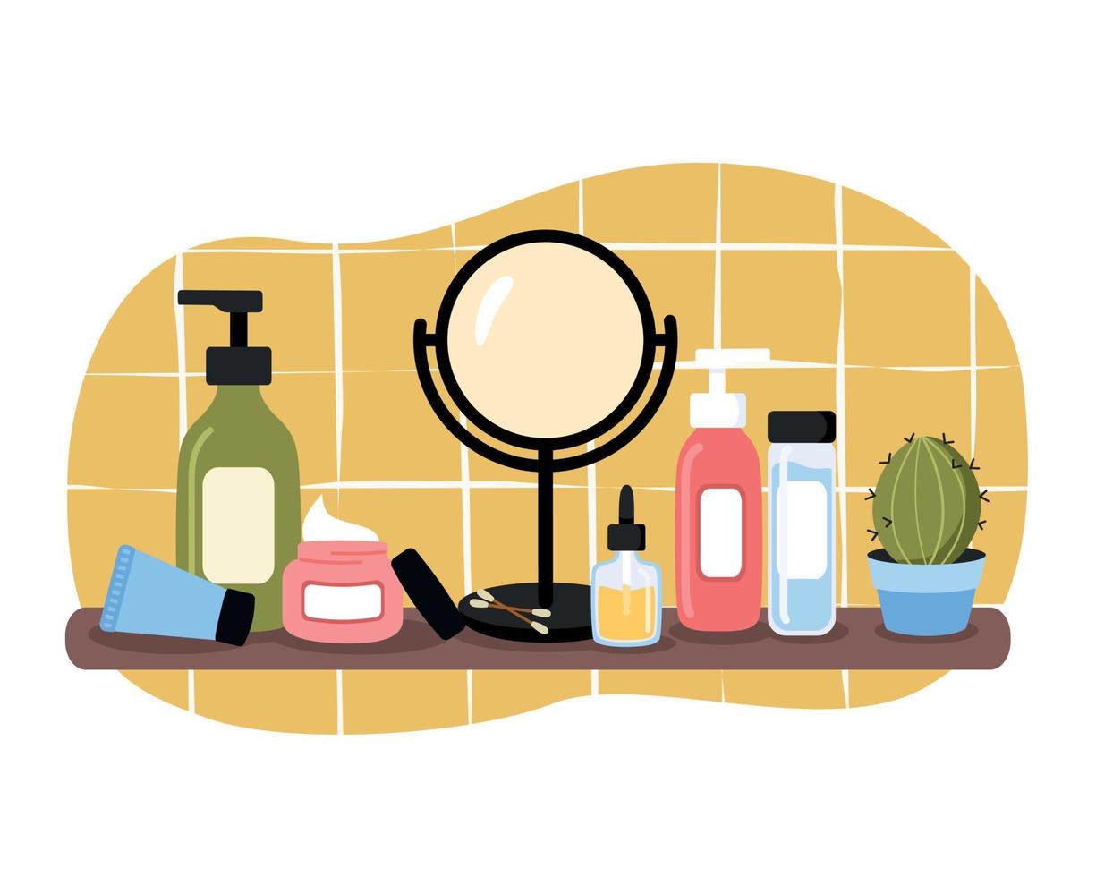 composition avec produits cosmétiques sur l'étagère, nettoyant, crème, toner, miroir, huile pour le visage. ensemble de routine de soins de la peau. illustration vectorielle de dessin animé plat. vecteur