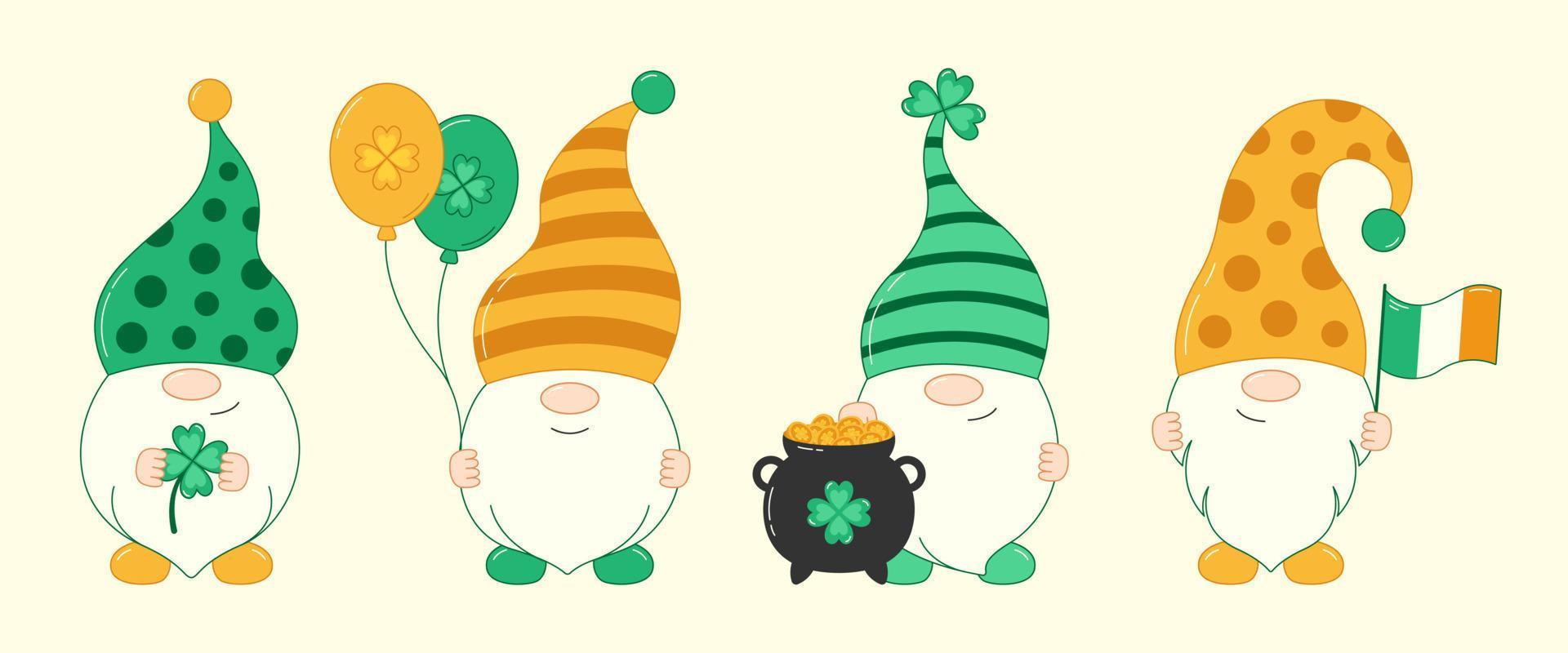gnomes chanceux irlandais de la saint patrick avec trèfle, ballon, pot de pièces d'or et drapeau irlandais. vecteur