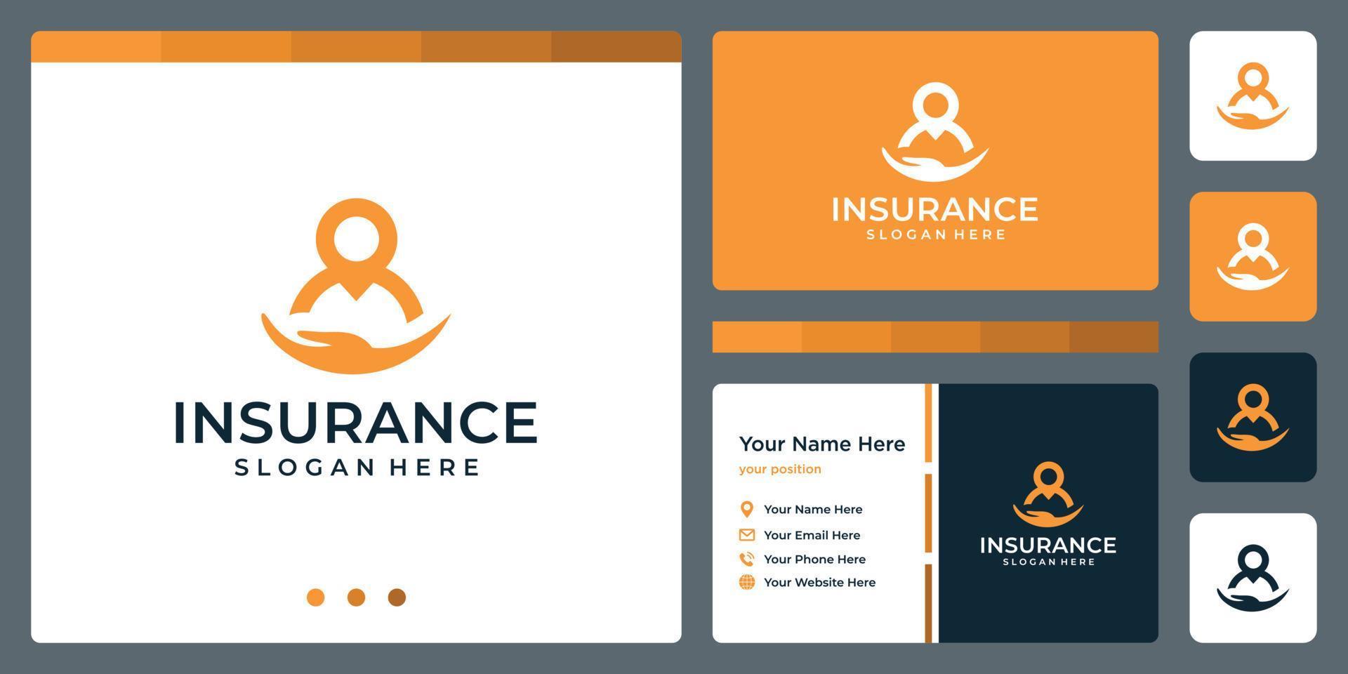 assurance, dans la paume tenant des gens, chef, création de logo d'homme d'affaires. conception et illustration de vecteur d'assurance