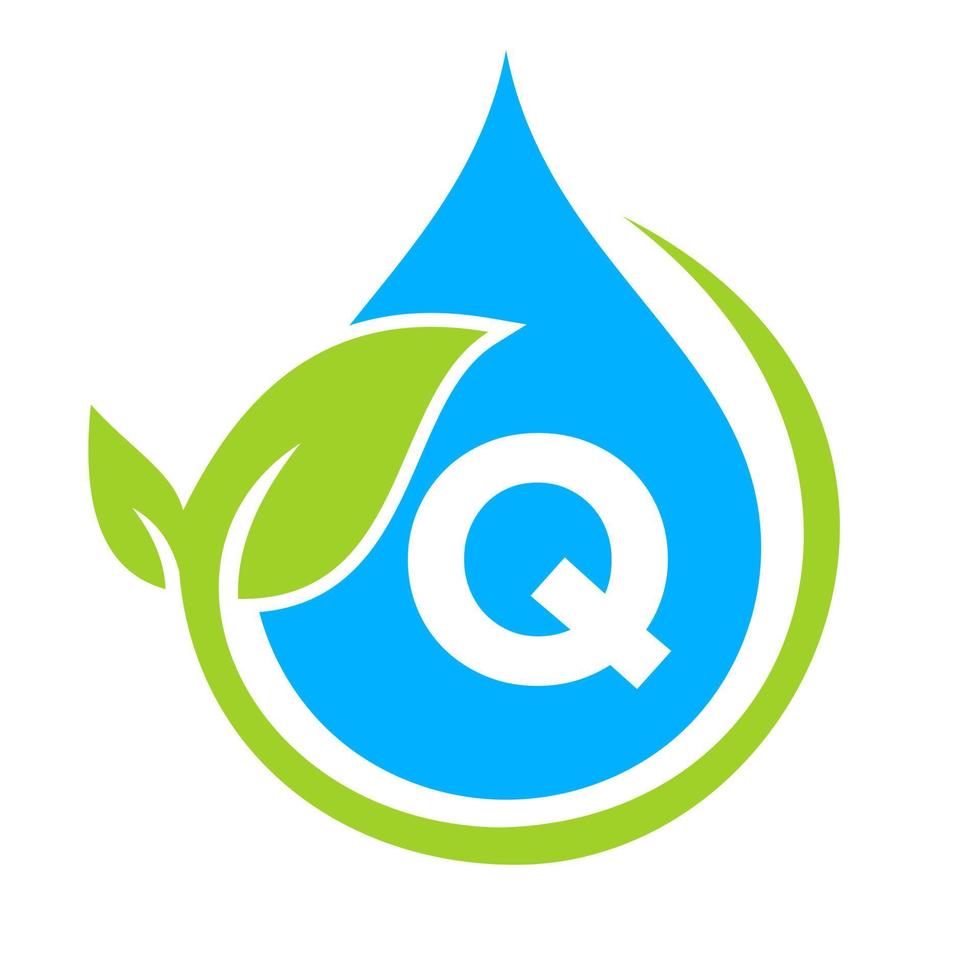 logo eco feuille et goutte d'eau sur le modèle de lettre q vecteur