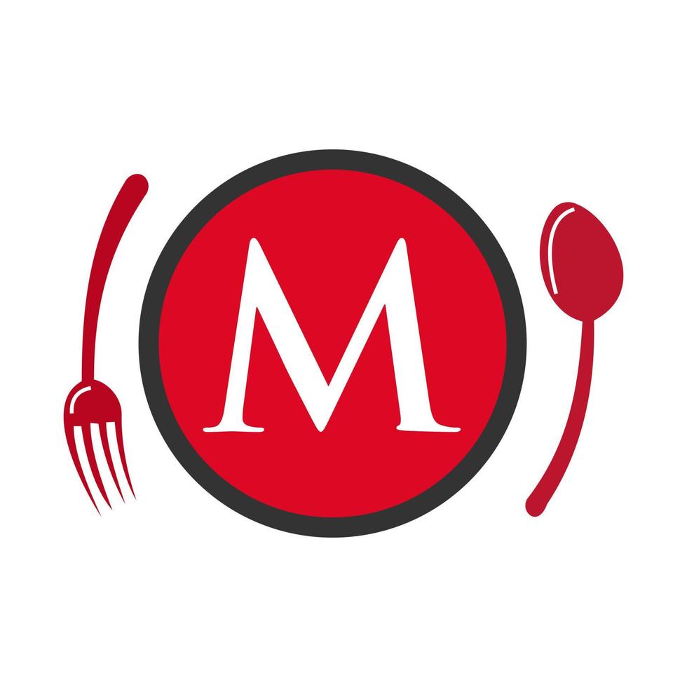 logo du restaurant sur la lettre m cuillère et fourchette concept vecteur
